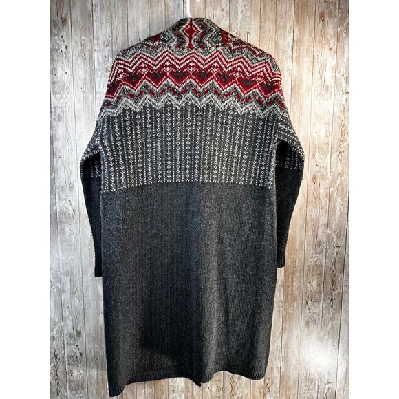 J. Jill Newbury Longline Cardigan Woemens S Gray Red Fair Isle Wool Blend Topper - Picture 2 of 7